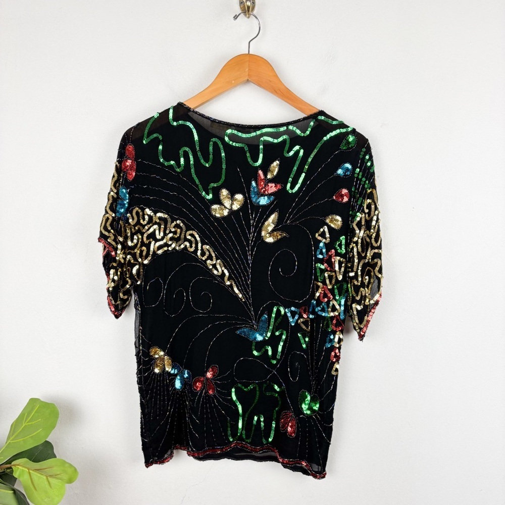 Vintage 80s Sequin Embroidered Silk Top Sz M - Picture 2 of 7